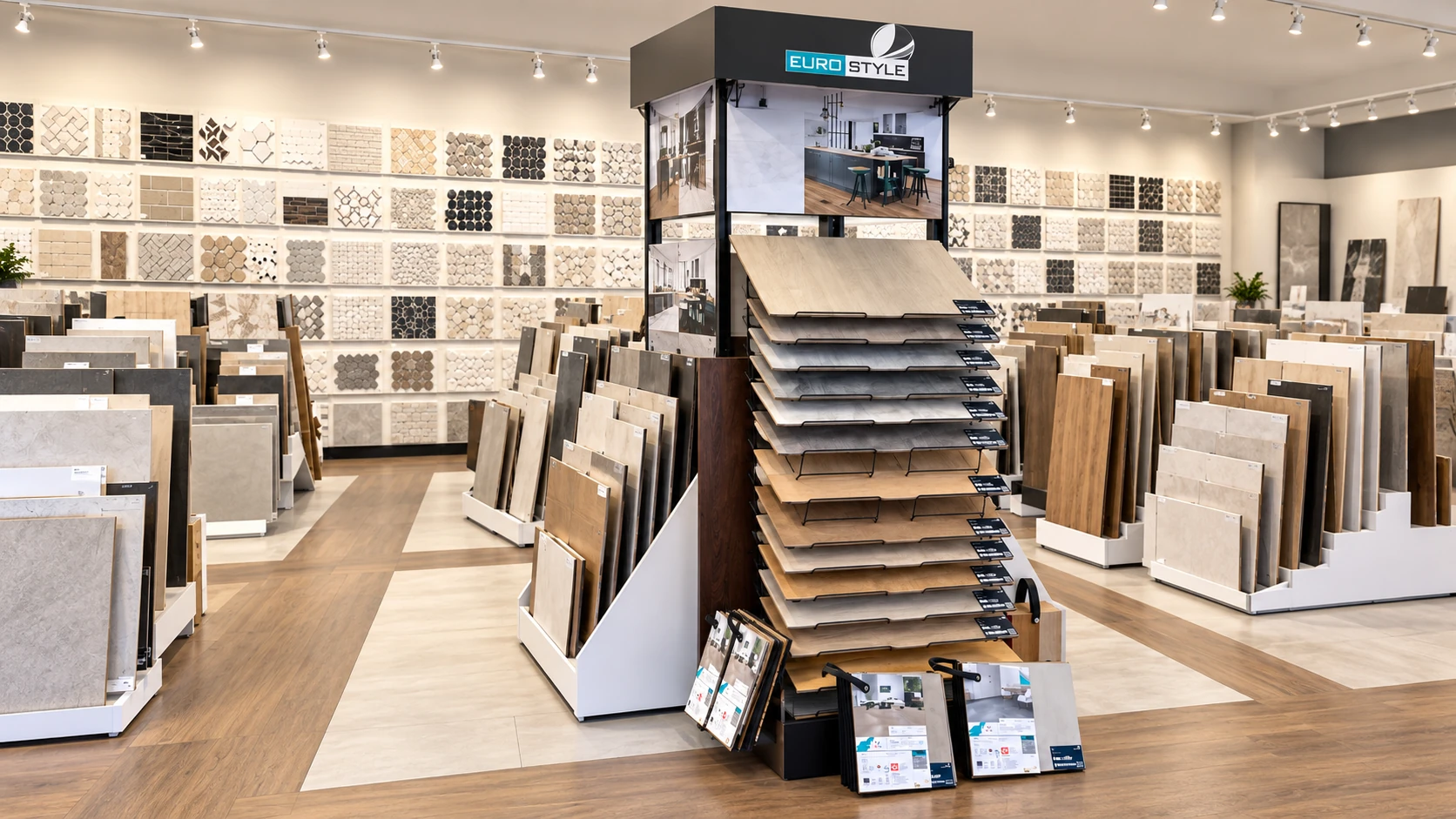 Wide-angle Euro Style display, mosaic tile samples and track lights inside the Showroom Flooring showroom in Courtenay