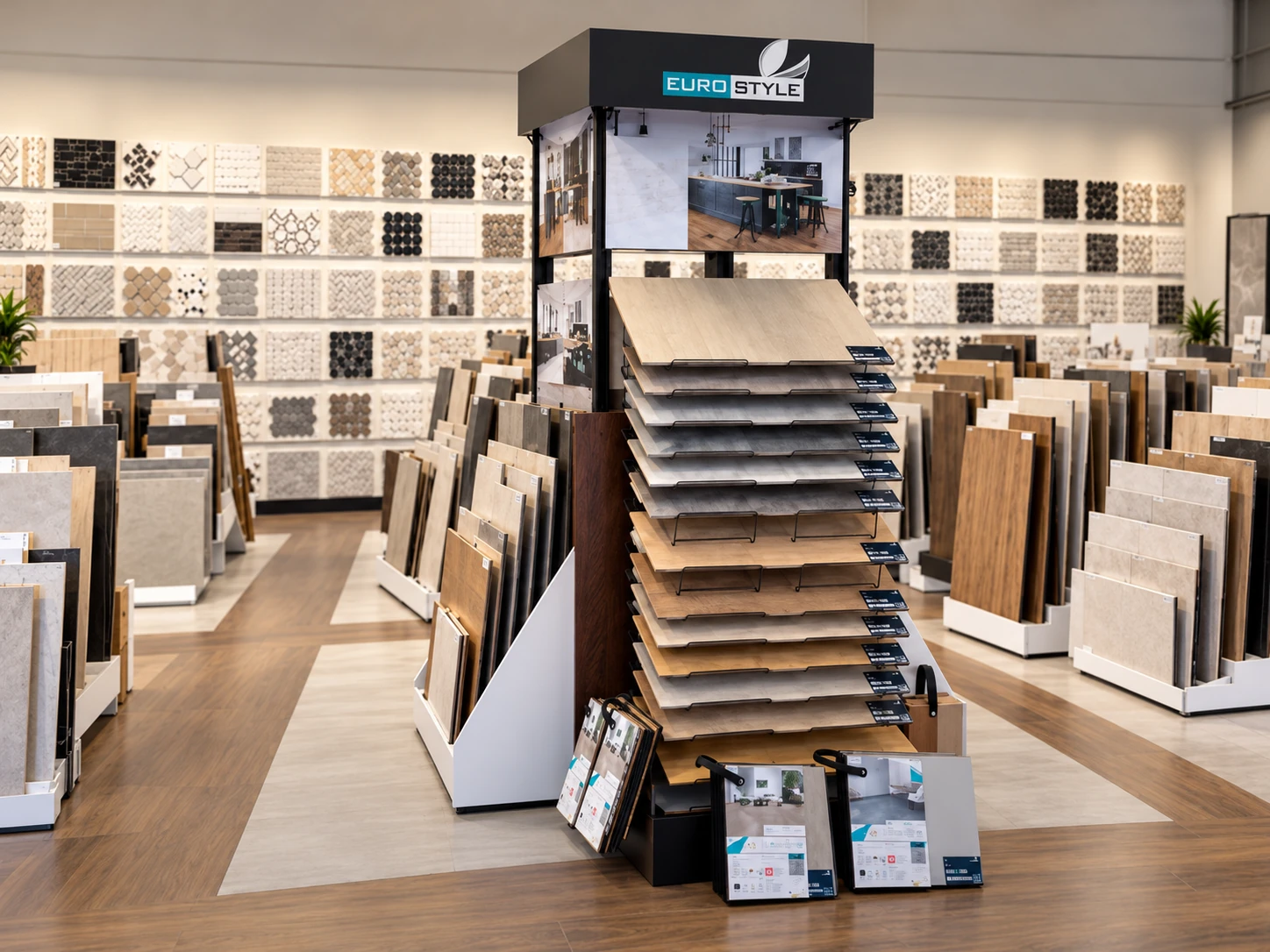Actual Showroom Flooring interior with Euro Style flooring displays and tile sample walls